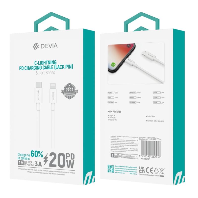 Câble Type-C / Lightning - Devia Smart Series - PD 20V 3A 1m- Blanc — Devia · Smarty Paris 18e