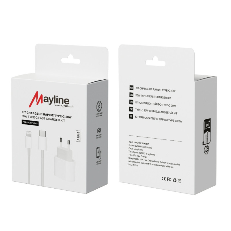 Kit Chargeur Rapide 20W Câble USB-C vers Lightning 1M (Mayline) — Mayline · Smarty Paris 18e