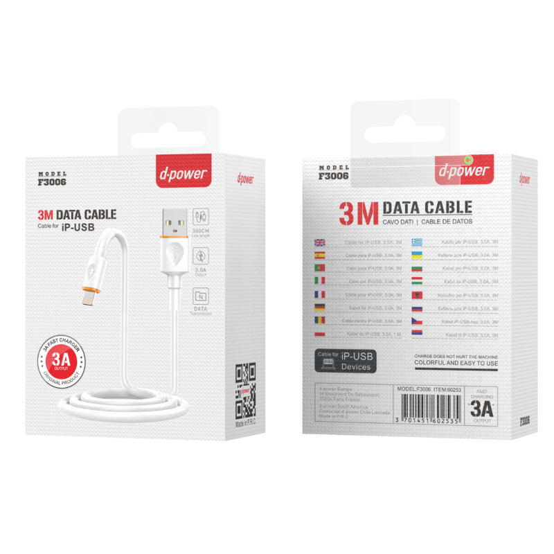 Câble USB / Lightning - D-power F3006 - 3M Blanc — D-power · Smarty Paris 18e