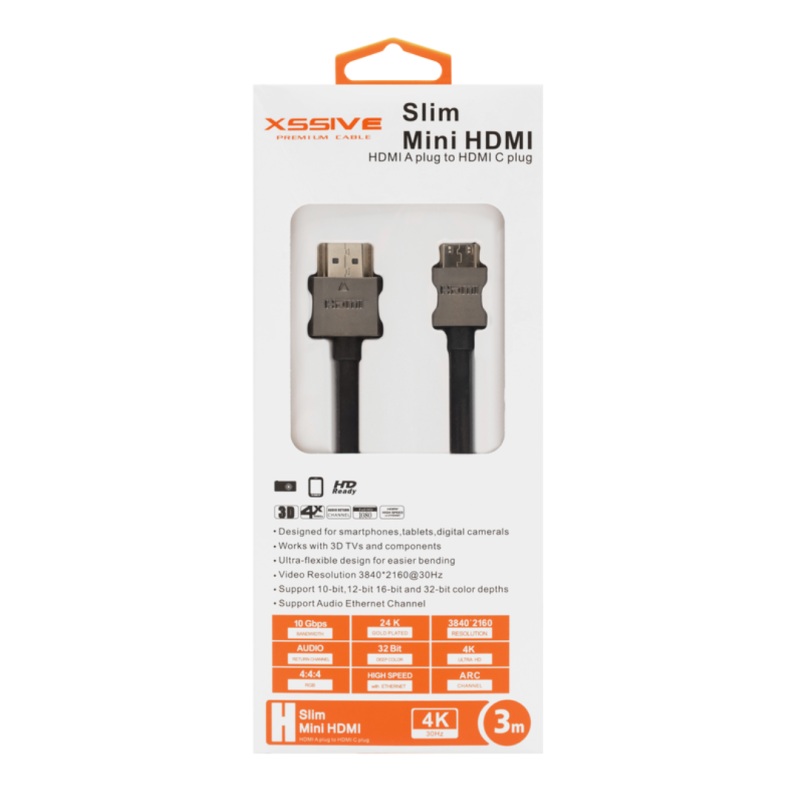 Câble Mini HDMI-A/HDMI-C 4K 3m XSSIVE XSS-MiniHDMI3M - Noir — Accessoire · Smarty Paris 18e