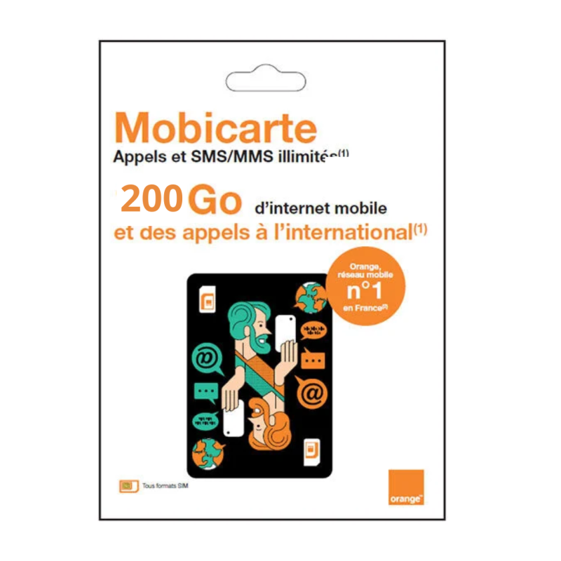 Carte SIM Prépayée Orange Mobicarte illimités + 200 Go d’Internet sans engagement Carte SIM Prépayée Orange Mobicarte illimités + 200 Go d’Internet sans engagement