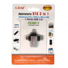 Adaptateur USB 3 en 1 Micro/Lightning/USB-C LinQ OTGU930 - Mémoires Re