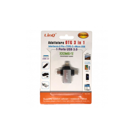 Adaptateur USB 3 en 1 Micro/Lightning/USB-C LinQ OTGU930 - Mémoires Re