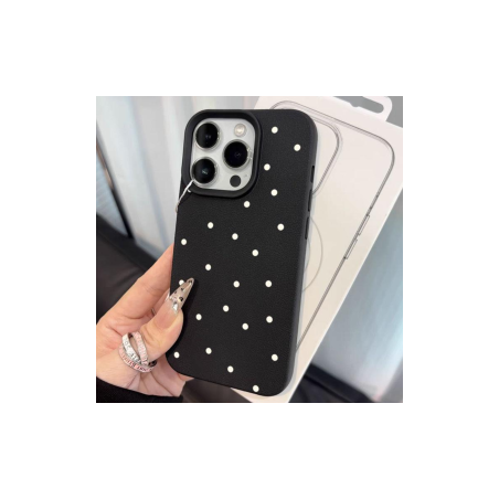 Coque de Protection pour iPhone en texture "Litchi" rose classique - Pois blancs | Smarty Paris
