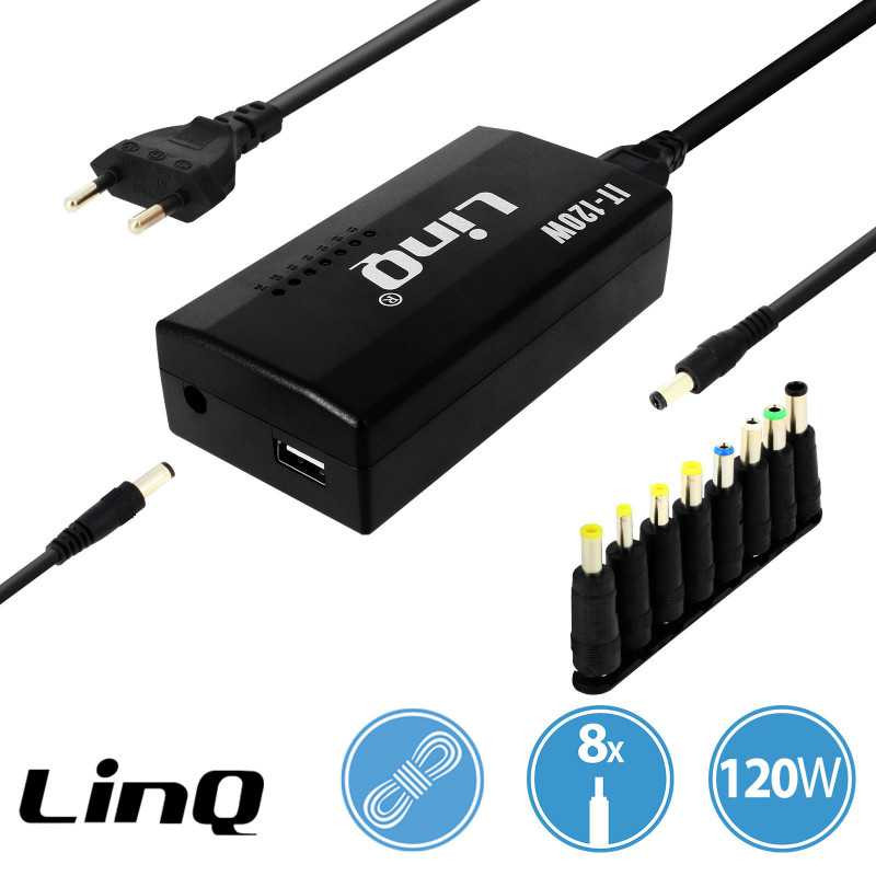 Chargeur PC universel LinQ IT-120W – 120 W, 12 à 24 V, 8 embouts Chargeur PC universel LinQ IT-120W – 120 W, 12 à 24 V, 8 embouts