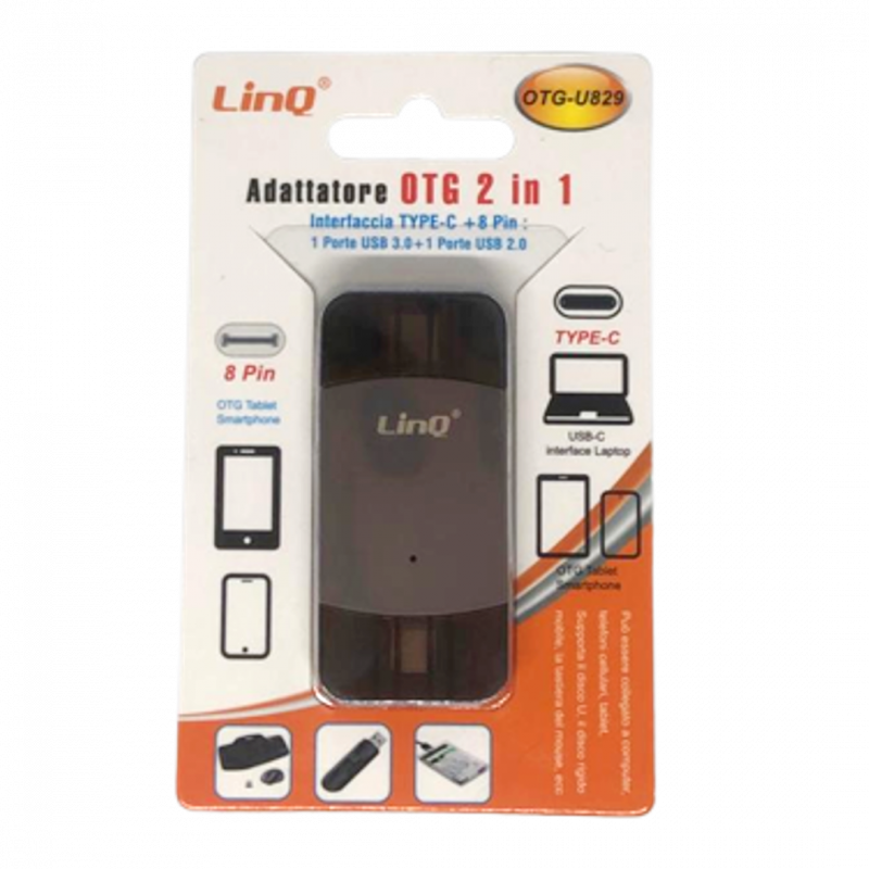 Adaptateur USB LinQ OTG-U829 - 2-en-1 USB-C/Lightning Adaptateur USB LinQ OTG-U829 - 2-en-1 USB-C/Lightning