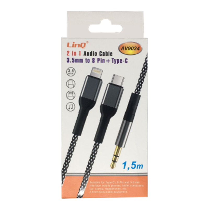 Audio Cable LinQ AV9024 2-in-1 – 3.5mm jack to Lightning and USB-C, 1.5m