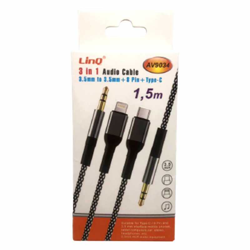 Câble audio LinQ AV9034 3-en-1 – Jack 3,5 mm, Lightning et USB-C, 1,5 m Câble audio LinQ AV9034 3-en-1 – Jack 3,5 mm, Lightning et USB-C, 1,5 m