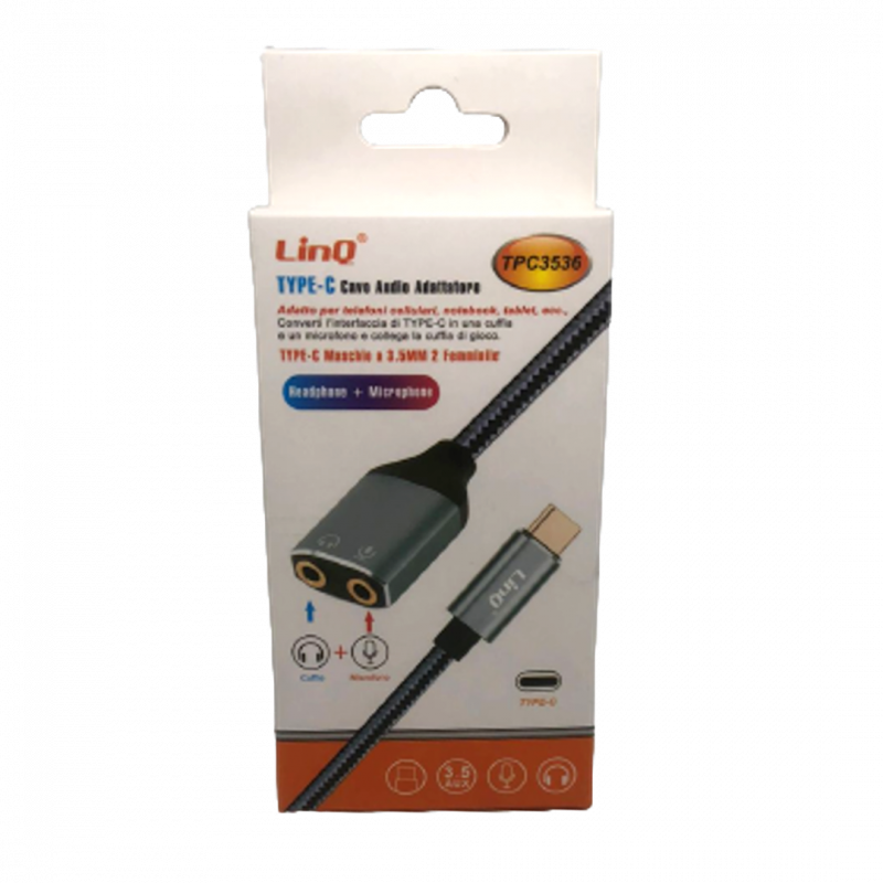 Audio Adapter LinQ TPC3536 – USB-C male to 2 x 3.5mm female headset + mic Audio Adapter LinQ TPC3536 – USB-C male to 2 x 3.5mm female headset + mic