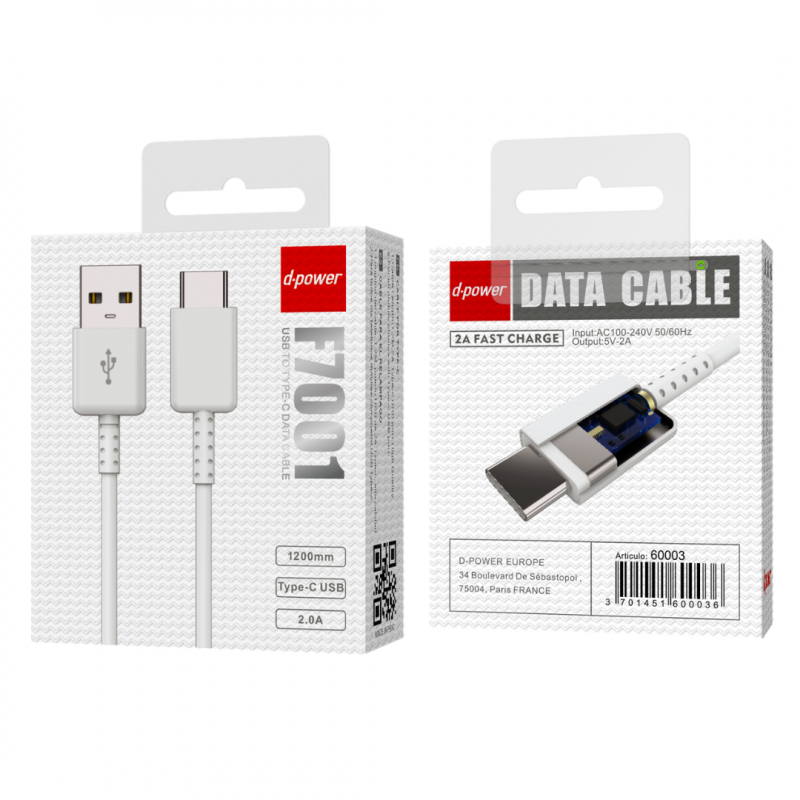 USB to USB-C Cable D-power F7001/N07S – 1.2 m White