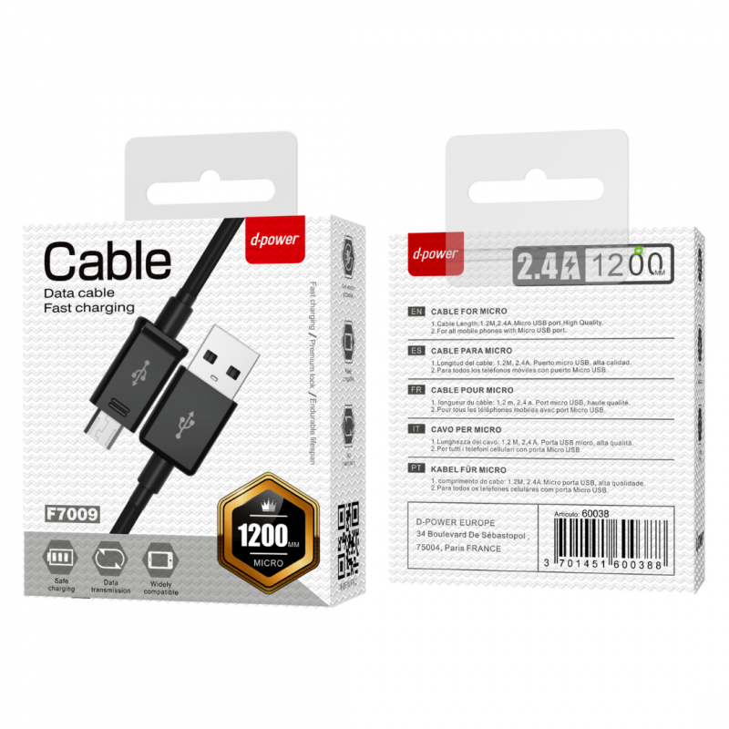 USB to Micro USB Cable D-power F7009/S616S – 1.2 m Black USB to Micro USB Cable D-power F7009/S616S – 1.2 m Black