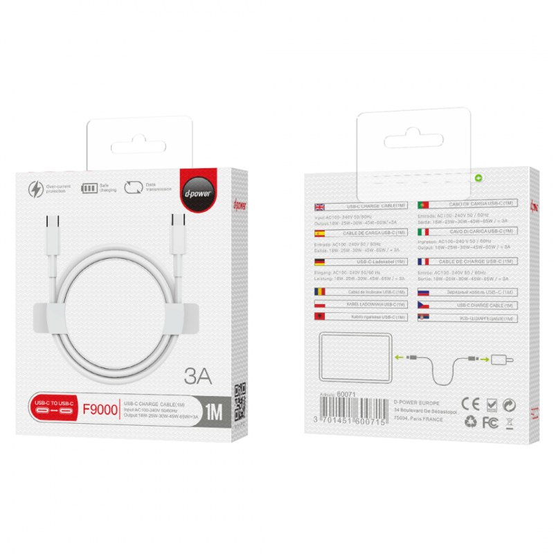 Câble Type-C vers Type-C D-power F9000 – 1 m Blanc Câble Type-C vers Type-C D-power F9000 – 1 m Blanc