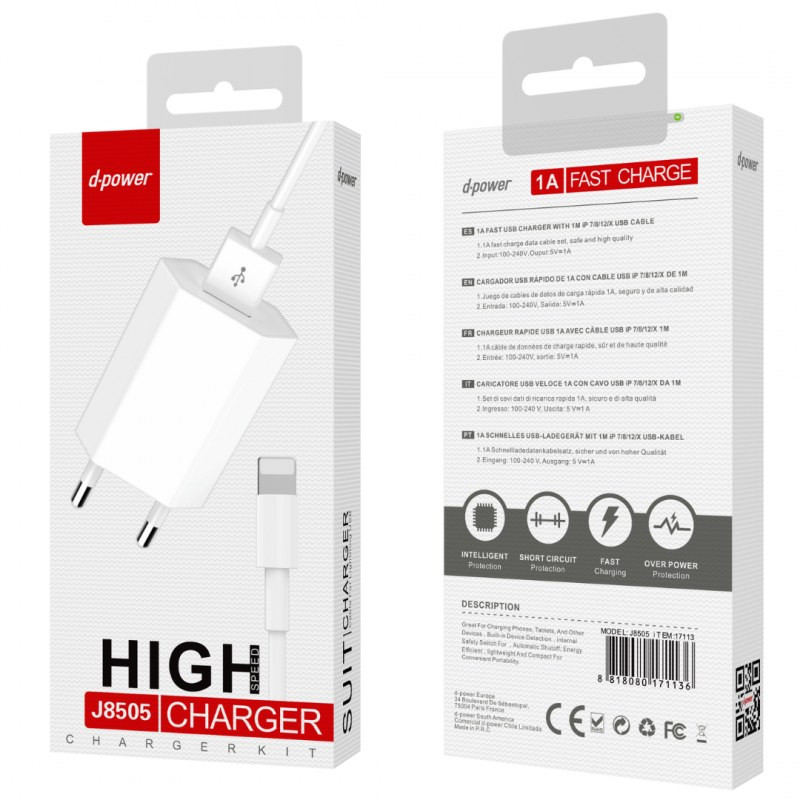 Kit chargeur Lightning D-power J8505 – Recharge rapide 1A Blanc Kit chargeur Lightning D-power J8505 – Recharge rapide 1A Blanc