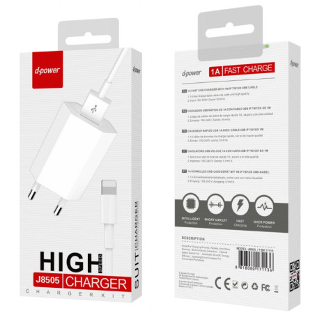 Kit chargeur Lightning D-power J8505 – Recharge rapide 1A Blanc
