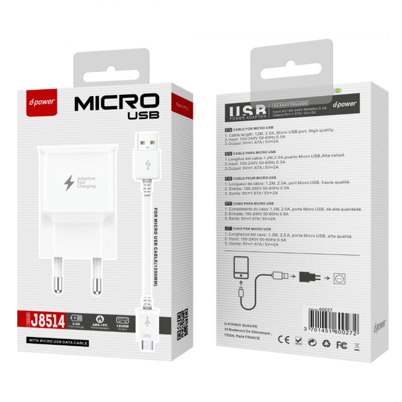 Kit chargeur USB vers Micro USB D-power J8514 – Blanc Kit chargeur USB vers Micro USB D-power J8514 – Blanc