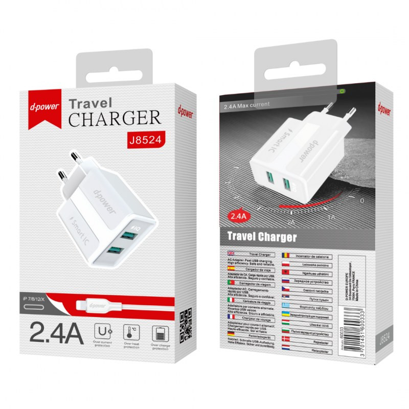 Kit chargeur de voyage 2 USB / Lightning D-power J8524 – Blanc