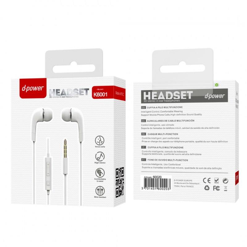 Écouteurs mains libres D-power K6001 S3 – Jack 3,5 mm Blanc Écouteurs mains libres D-power K6001 S3 – Jack 3,5 mm Blanc