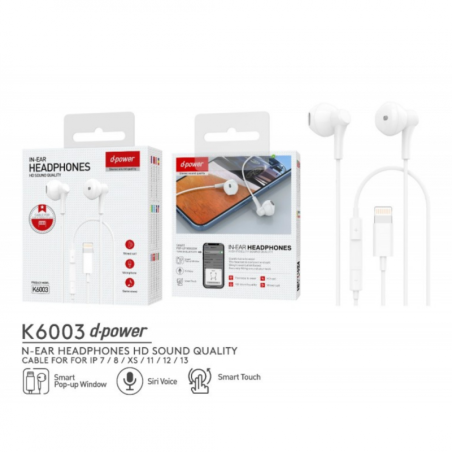 Hands-Free Earphones D-power K6003 – Lightning White