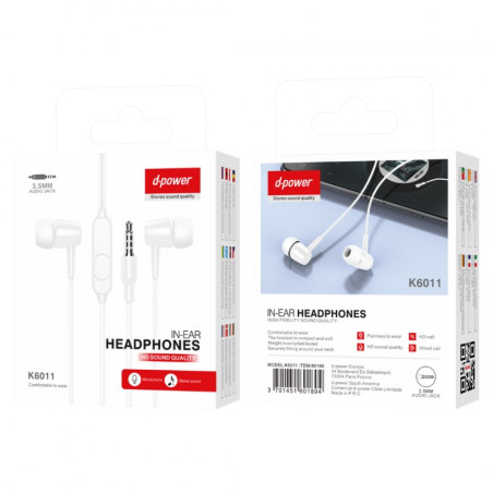 Hands-Free Earphones D-power K6011 – 3.5 mm Jack White