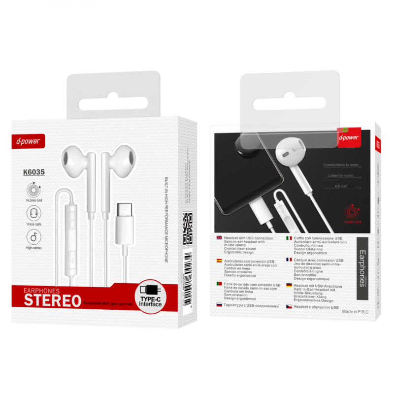 Hands-Free Earphones D-power K6035/C6035 – USB-C White