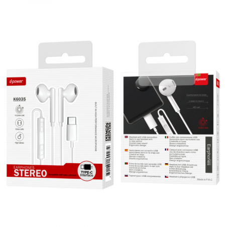 Hands-Free Earphones D-power K6035/C6035 – USB-C White