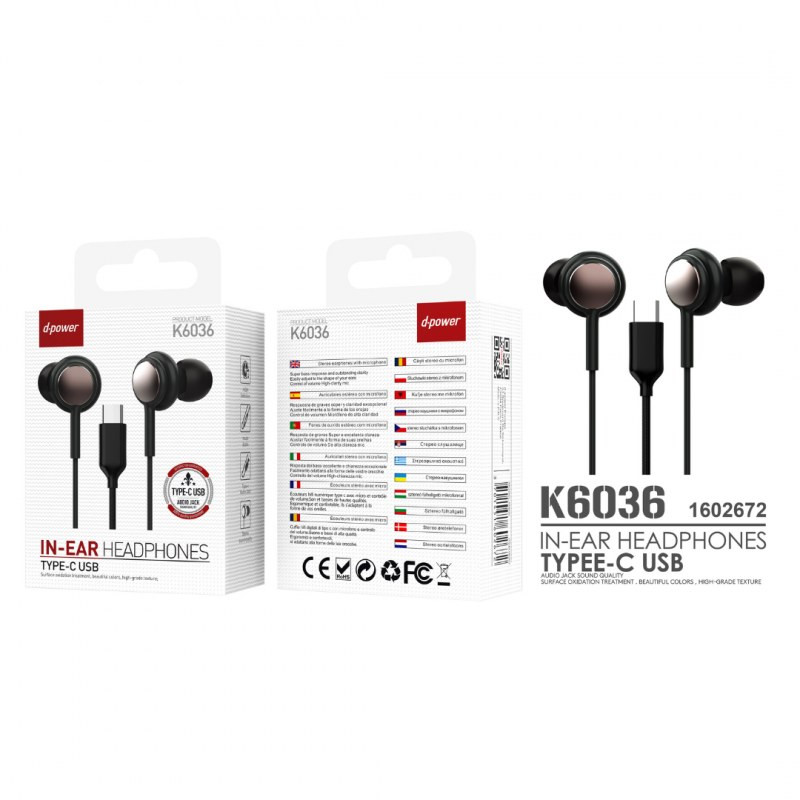 Écouteurs mains libres D-power K6036 – USB-C Noir