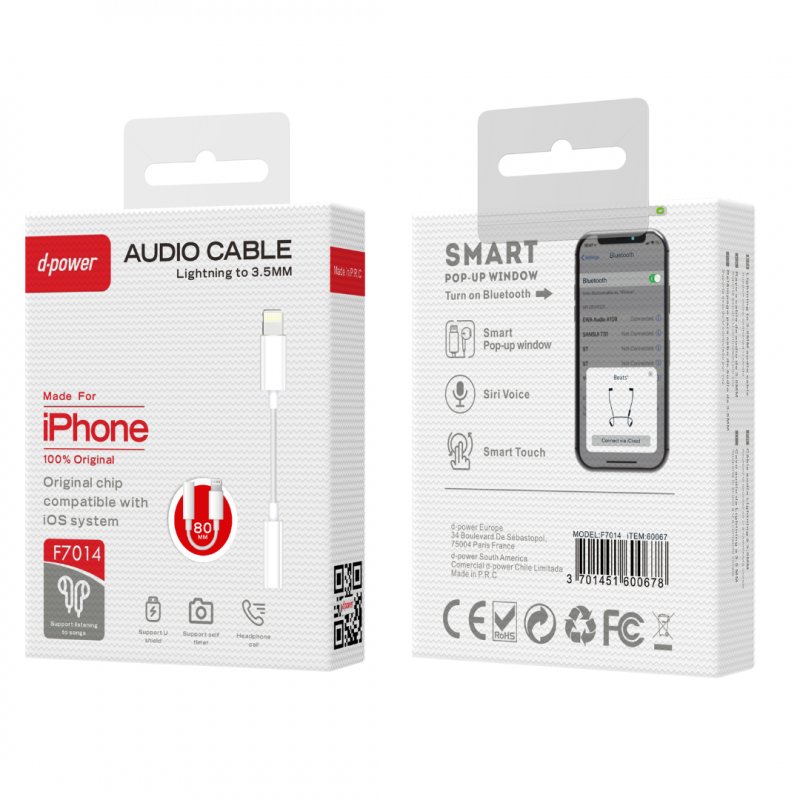 Adaptateur Bluetooth Lightning / Jack 3.5mm - D-power F7014 - Blanc Adaptateur Bluetooth Lightning / Jack 3.5mm - D-power F7014 - Blanc