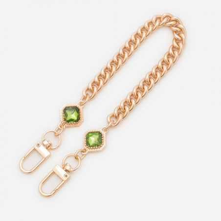 Collier coque téléphone maille dorée pierres vertes 30 cm