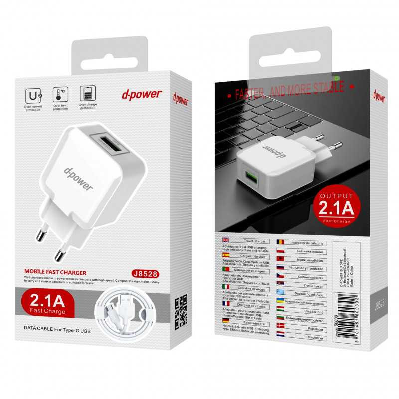 Kit chargeur D-power J8528 USB/USB-C 2,1 A – Blanc
