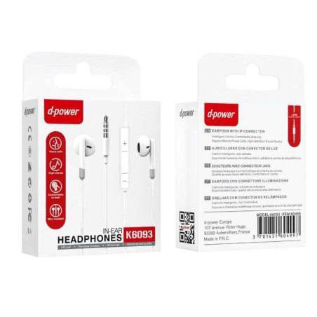 Hands-Free Earphones D-power K6093 3.5mm Jack – White