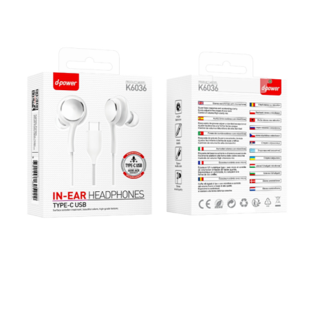 Type-C Hands-Free Earphones D-power K6036 – White