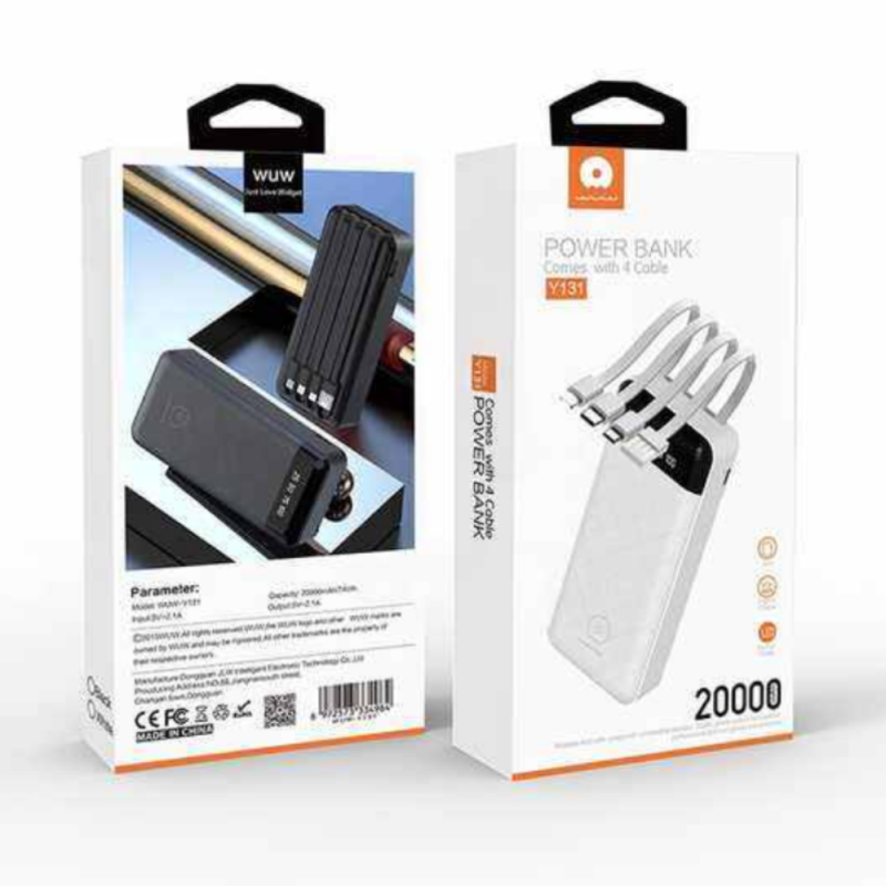 Power Bank WUW-Y131 20000mAh Noir avec 4 Output Câbles Power Bank WUW-Y131 20000mAh Noir avec 4 Output Câbles