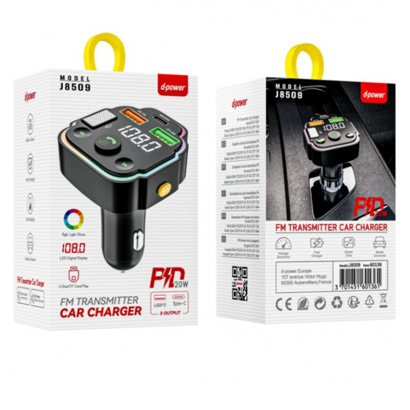 Bluetooth FM Transmitter D-power J8509 – 20W USB Charging Black Bluetooth FM Transmitter D-power J8509 – 20W USB Charging Black
