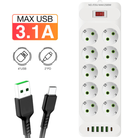 Power Strip INCOALUXE 10 EU Outlets – 4 USB 2 USB-C 2500W 2m