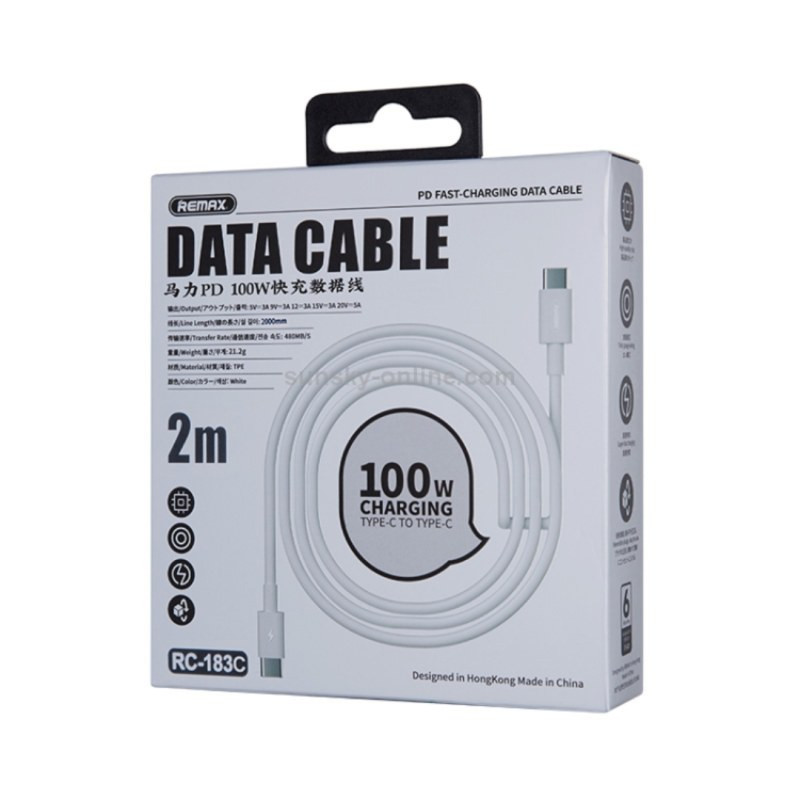 Câble Remax RC-183C Type-C vers Type-C – 100 W 2 m Blanc Câble Remax RC-183C Type-C vers Type-C – 100 W 2 m Blanc