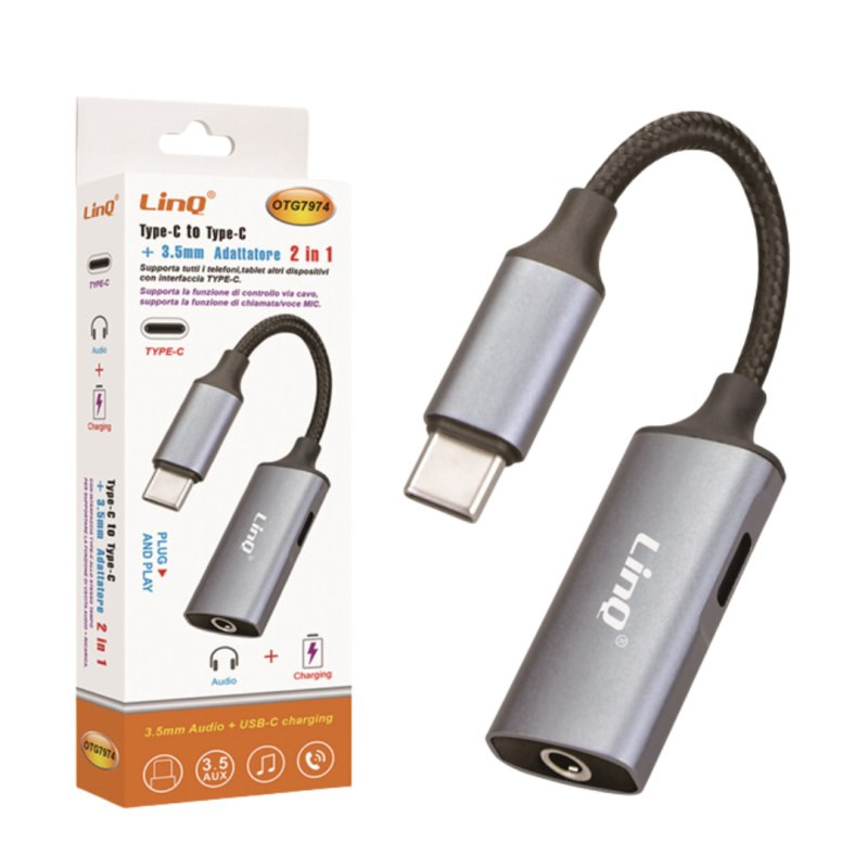 Adaptateur USB-C vers jack 3,5 mm 2-en-1 LinQ OTG7974 Adaptateur USB-C vers jack 3,5 mm 2-en-1 LinQ OTG7974