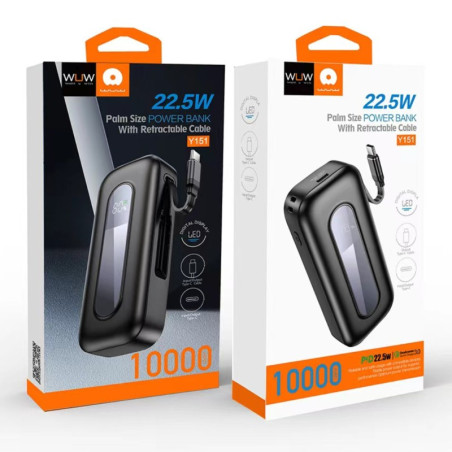Batterie externe WUW Y151 – 10 000 mAh PD 22,5 W Câble Type-C Noir