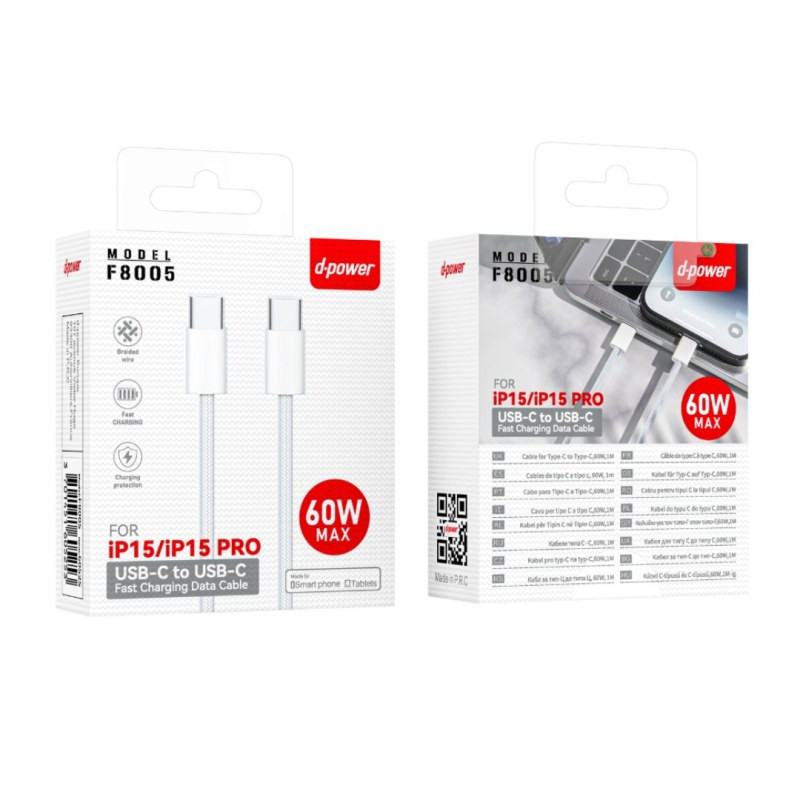 Câble Type-C nylon D-power F8005 – 60W 1 m Blanc Câble Type-C nylon D-power F8005 – 60W 1 m Blanc