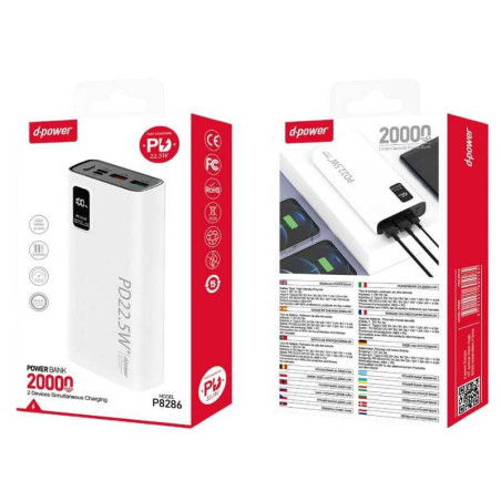 Batterie externe D-power P8284 – 10 000 mAh 22,5 W LCD avec câble IP + C