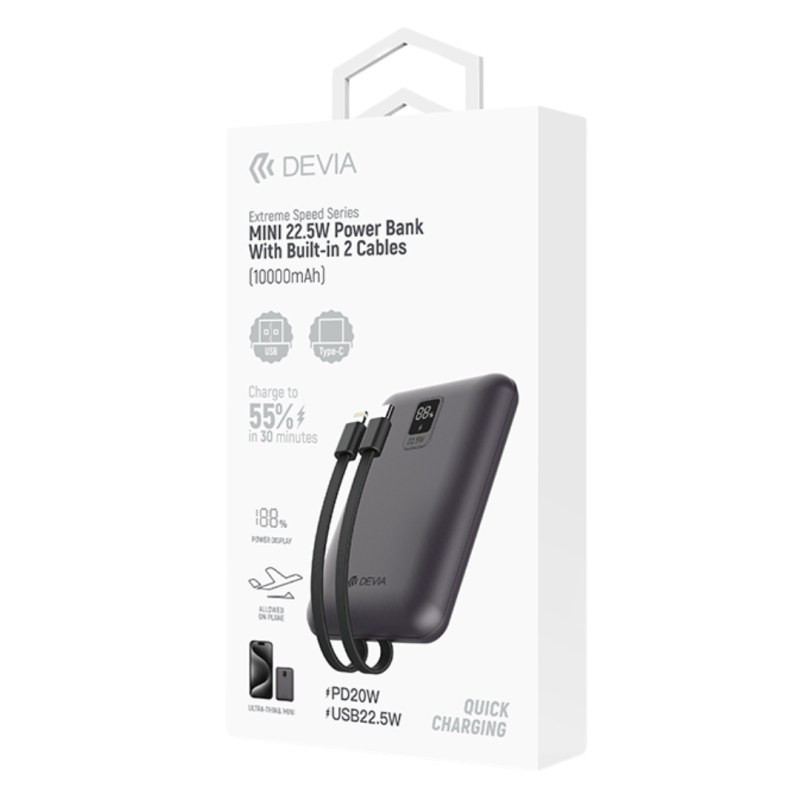 Batterie externe Devia Extreme Speed MINI – 10 000 mAh Gris, 22,5 W avec 2 câbles intégrés