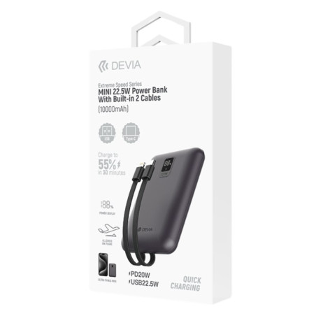Batterie externe Devia Extreme Speed MINI – 10 000 mAh Gris, 22,5 W avec 2 câbles intégrés