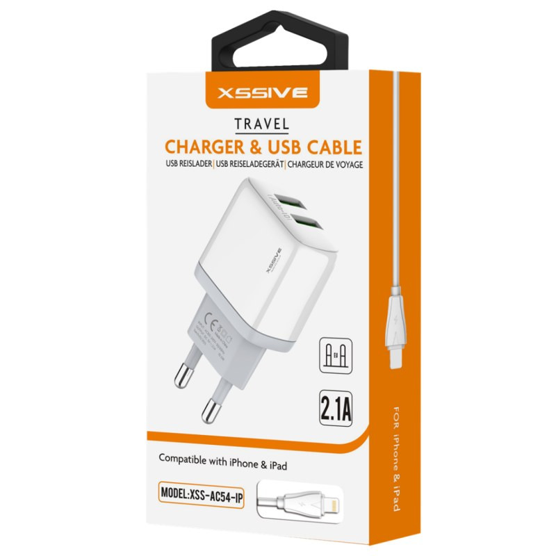 Chargeur duo USB XSSIVE XSS-AC54-IP – 2,1A avec câble Lightning