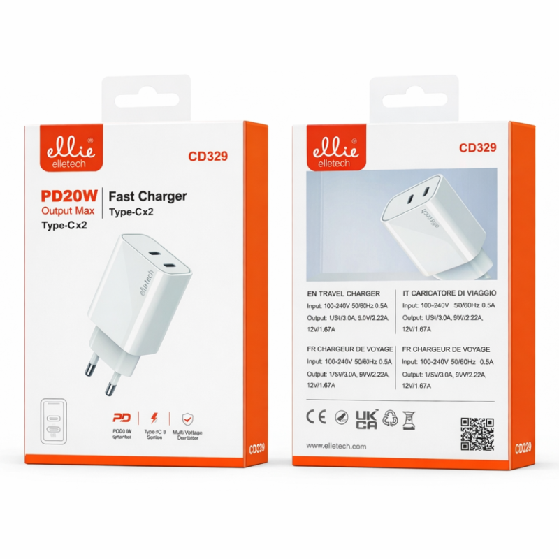Chargeur Rapide Duo USB-C 20W Ellietech CD329 - Blanc