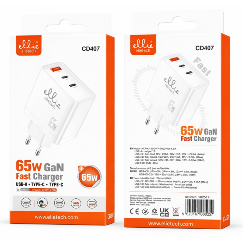 Chargeur Rapide USB-A + Duo USB-C 65W Ellietech CD407 - Blanc Chargeur Rapide USB-A + Duo USB-C 65W Ellietech CD407 - Blanc