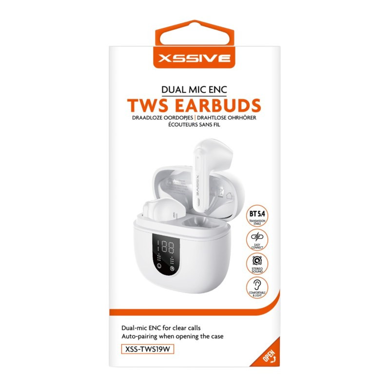 Bluetooth Earbuds XSSIVE XSS-TWS19W – White, ENC and LED Display Bluetooth Earbuds XSSIVE XSS-TWS19W – White, ENC and LED Display