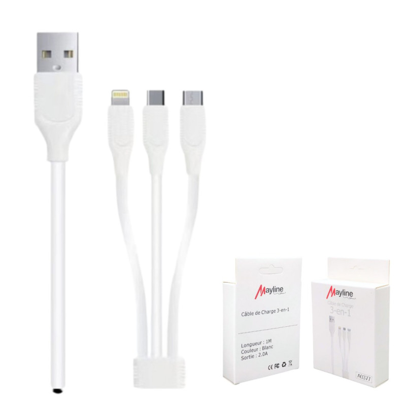 Câble 3-en-1 Mayline – USB vers Lightning/USB-C/Micro USB 20 W 1 m Câble 3-en-1 Mayline – USB vers Lightning/USB-C/Micro USB 20 W 1 m