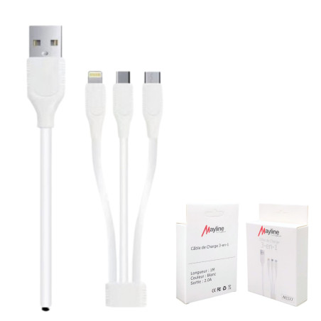 3-in-1 Cable Mayline – USB to Lightning/USB-C/Micro USB 20W 1m