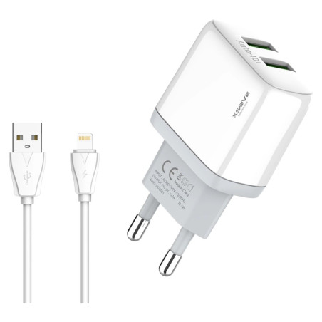 Chargeur duo USB XSSIVE XSS-AC54-IP – 2,1A avec câble Lightning