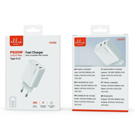 Chargeur rapide Ellietech CD329 – Duo USB-C 20 W Blanc