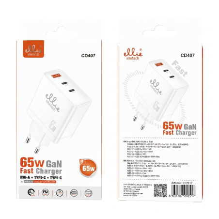 Chargeur rapide Ellietech CD407 – USB-A + duo USB-C 65 W Blanc